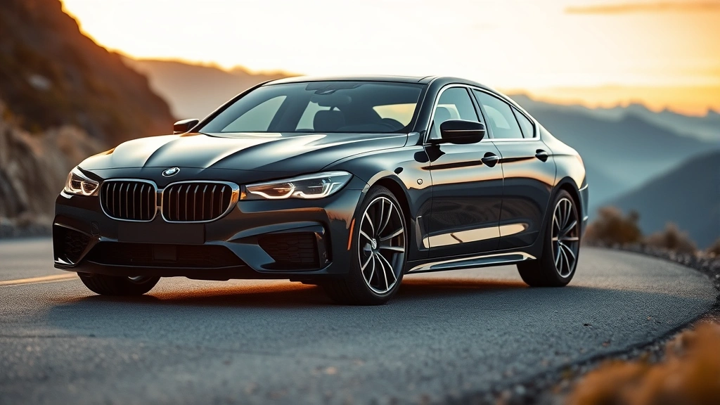Professional automotive photography of sleek sedan front three-quarter view on mountain pass road, golden hour lighting, sharp focus on vehicle design, blurred landscape background