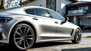 Sleek silver luxury sedan parked on modern driveway with contemporary house, professional automotive photography, daytime natural lighting, sharp focus on vehicle lines