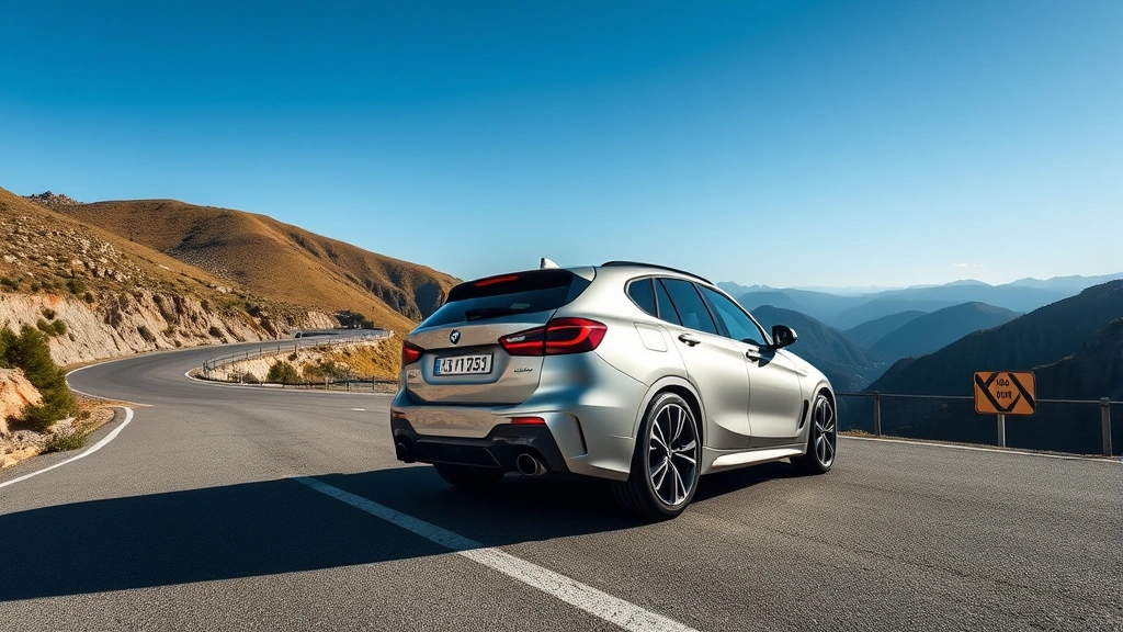 High-performance luxury sedan in silver metallic, photographed from three-quarter angle on a winding mountain road, clear blue sky, professional automotive photography style