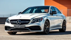 Mercedes-AMG C63 turbocharged sedan shot from three-quarter angle, aggressive styling, aggressive front grille, sleek profile, professional automotive photography, daylight, premium materials visible