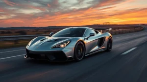 High-performance sports car in metallic silver racing on open highway at sunset with dynamic motion blur