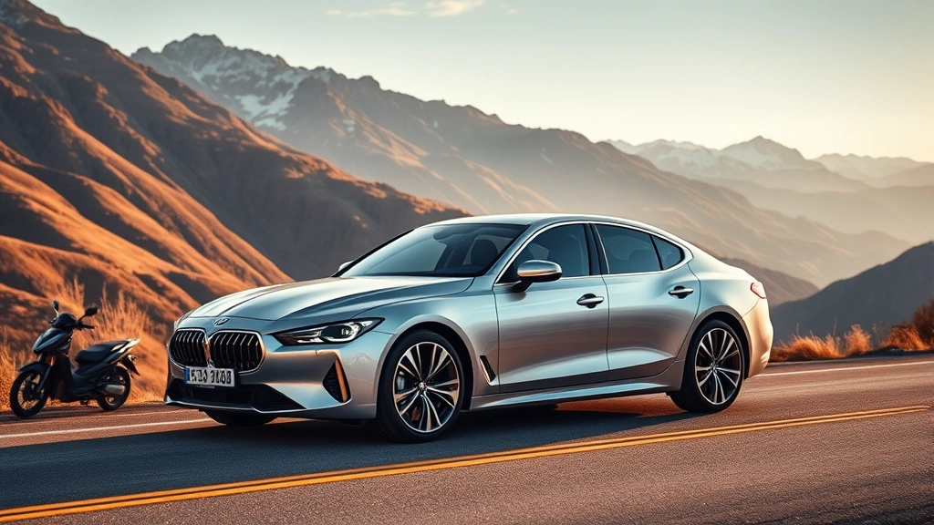 Sleek silver luxury sedan on pristine mountain road, golden hour lighting, premium design details visible