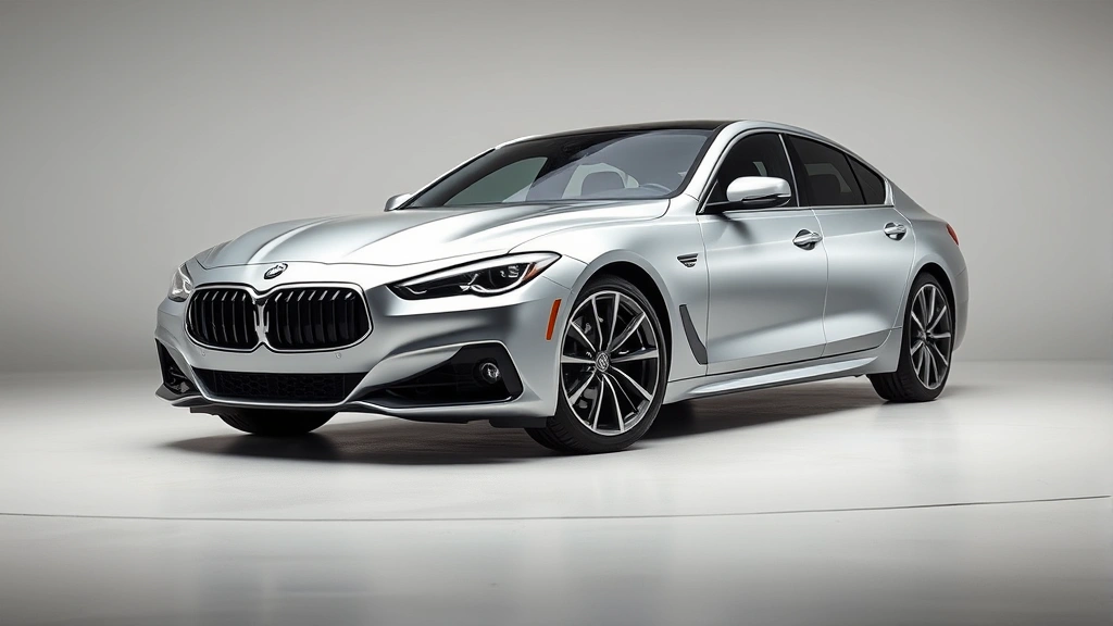 Sleek luxury sedan photographed from front three-quarter angle in silver metallic paint, professional automotive studio lighting, pristine condition, modern minimalist background