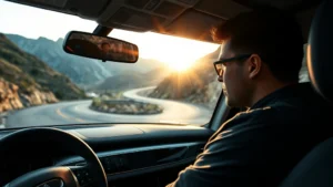 Professional automotive journalist testing luxury sedan on winding mountain road, sunrise lighting, focused expression through windshield, modern car interior visible