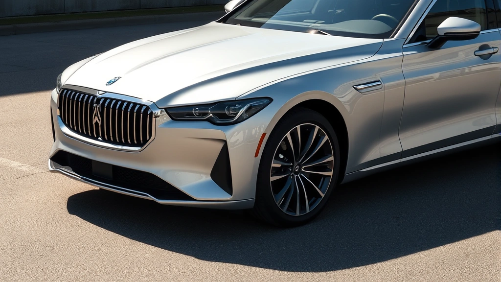 Sleek silver 2024 luxury sedan photographed from three-quarter front angle in sunlight, showing refined grille design and elegant body lines, no badges visible