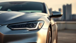 Silver luxury sedan with LED headlights, sleek profile view against urban skyline, premium craftsmanship details visible, daytime photography