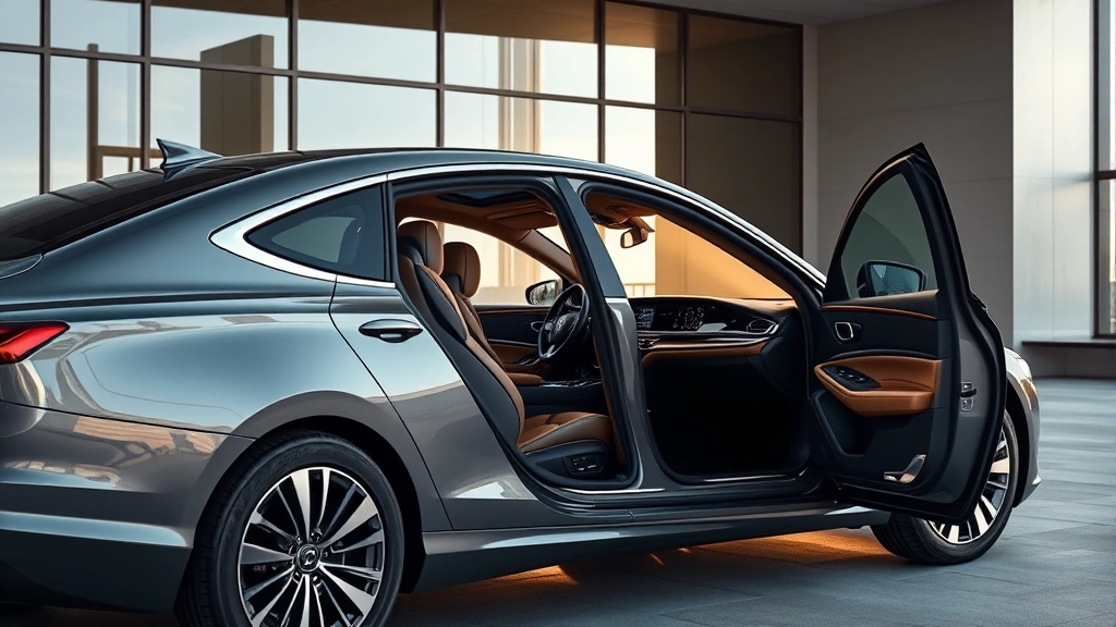 Sleek 2024 luxury sedan with chrome trim and premium leather interior visible through open door, photographed against modern architectural background with soft natural lighting