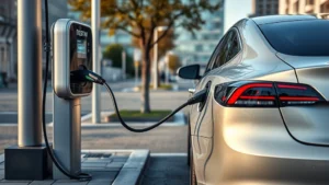 Modern electric vehicle charging at public charging station with sleek sedan plugged in, urban setting, daytime, professional photography