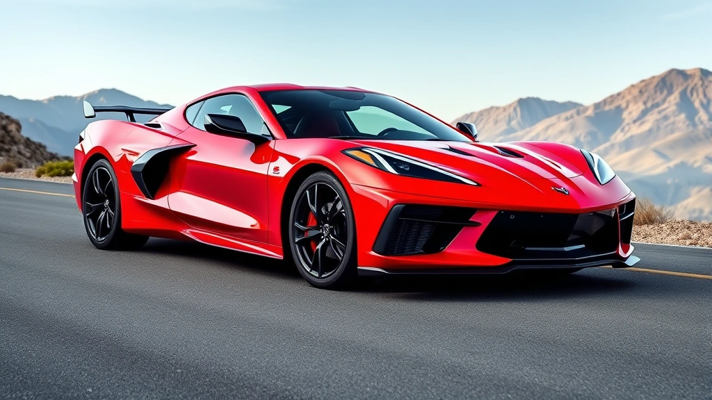 High-performance 2024 Chevrolet Corvette Z06 mid-engine sports car in vibrant red, photographed from a three-quarter front angle on a mountain road with scenic backdrop, showcasing sleek aerodynamic design and aggressive stance