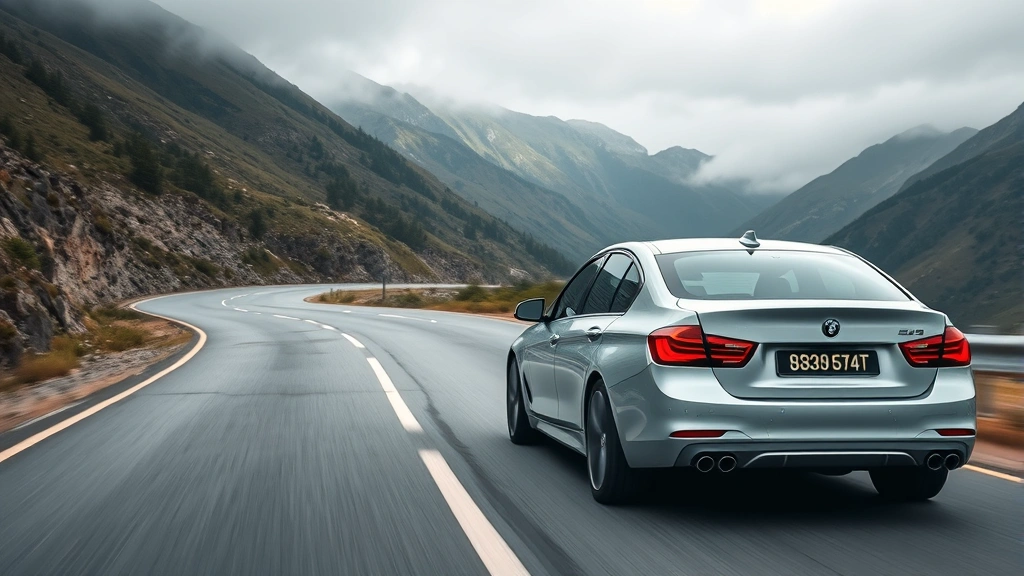 Professional automotive photographer testing mid-size sedan on scenic mountain road, overcast daylight, motion blur background, modern car in sharp focus