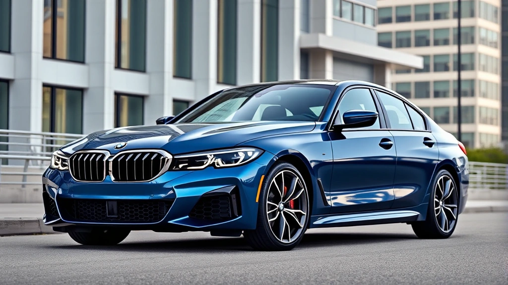 Sleek 2024 BMW M440i xDrive luxury sedan in metallic blue, photographed from three-quarter angle against modern urban architecture, showcasing premium exterior design and aggressive grille