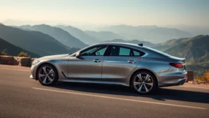 Sleek silver luxury sedan on mountain road, side profile, modern design, professional automotive photography