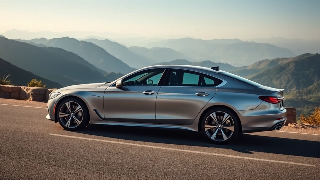 Sleek silver luxury sedan on mountain road, side profile, modern design, professional automotive photography
