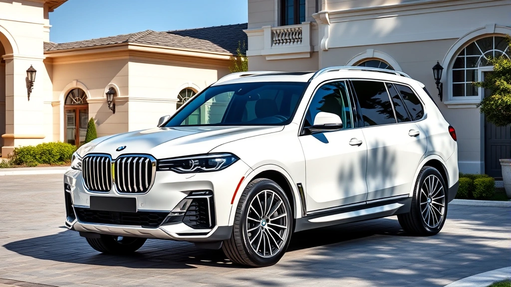 Luxury white BMW X7 three-row SUV parked on elegant driveway with modern architecture, professional automotive photography, daylight, pristine condition