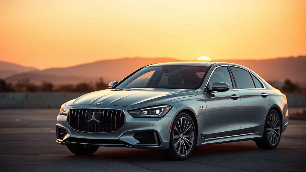 Premium luxury sedan in silver metallic paint, photographed at sunset with elegant proportions and refined front grille design, professional automotive photography style