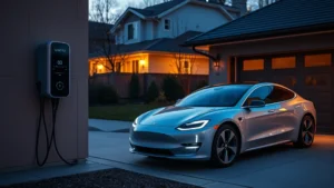Modern electric sedan charging at home with Level 2 charger mounted on garage wall, evening lighting, residential driveway setting