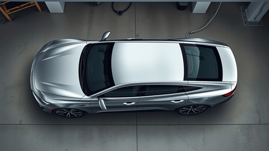 Professional overhead view of sleek 2024 sedan with metallic silver finish parked in modern garage setting with clean concrete floor and minimalist background