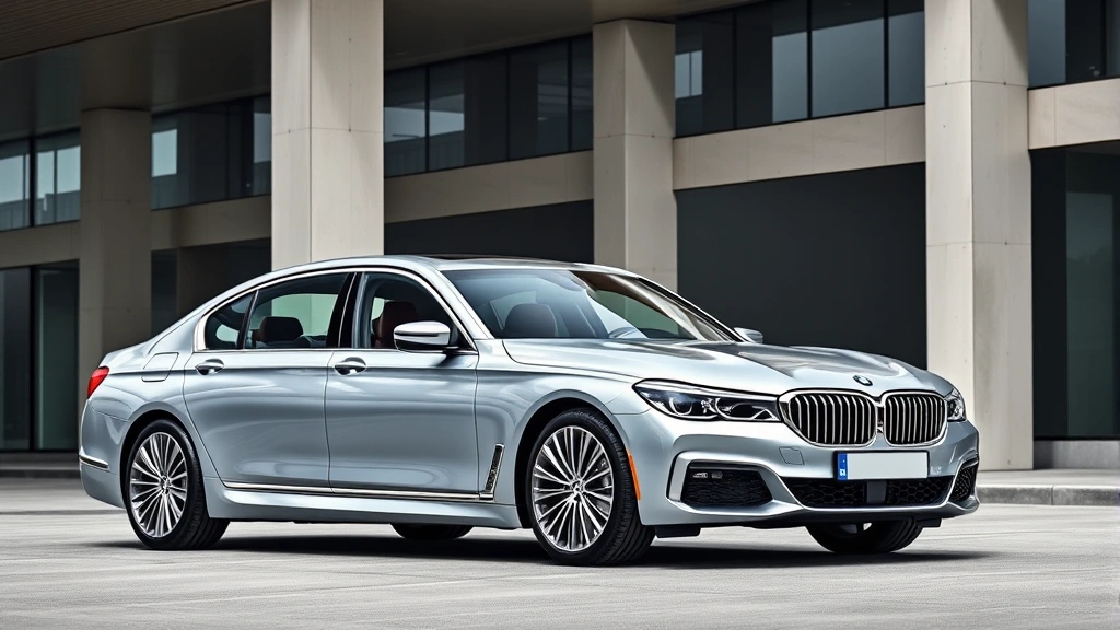 Luxury BMW 7 Series sedan parked in modern architecture setting, sleek metallic silver exterior, professional automotive photography, daytime natural lighting, premium executive vehicle showcase