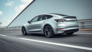 Sleek silver Tesla Model 3 in motion on a modern highway, low-angle shot emphasizing aerodynamic lines and wheels, professional automotive photography style
