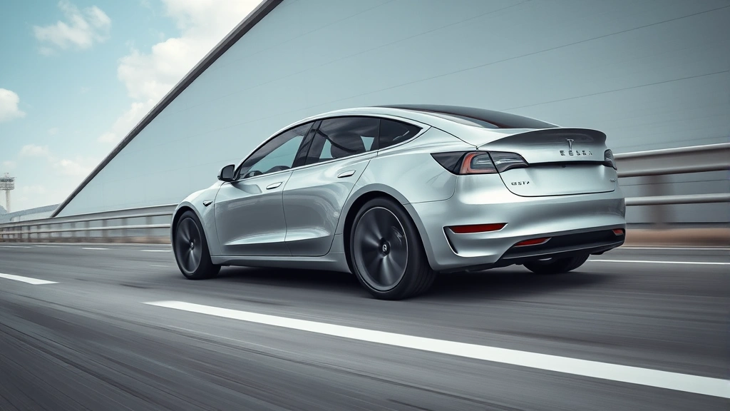 Sleek silver Tesla Model 3 in motion on a modern highway, low-angle shot emphasizing aerodynamic lines and wheels, professional automotive photography style