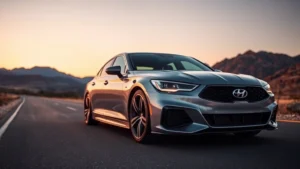 Sleek silver luxury sport sedan with aggressive front grille design, low stance, photographed at sunset on empty mountain road, professional automotive photography style