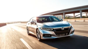 2024 Honda Accord silver sedan in motion on open highway, three-quarter front view, dynamic driving angle, bright daylight, modern road infrastructure in background, sleek aerodynamic design visible