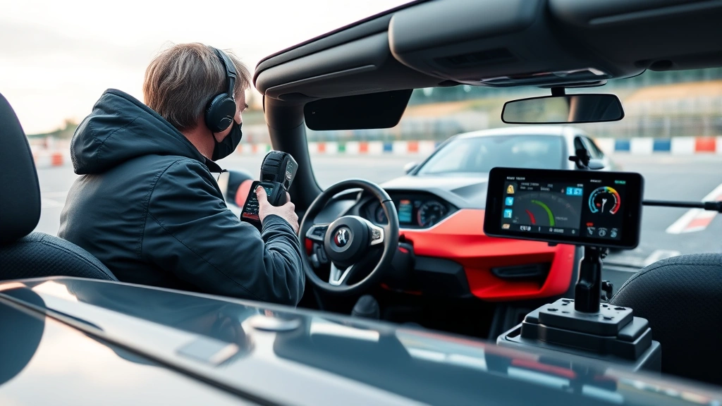 Professional automotive journalist conducting vehicle performance testing on closed track, measuring acceleration and handling dynamics with precision instruments