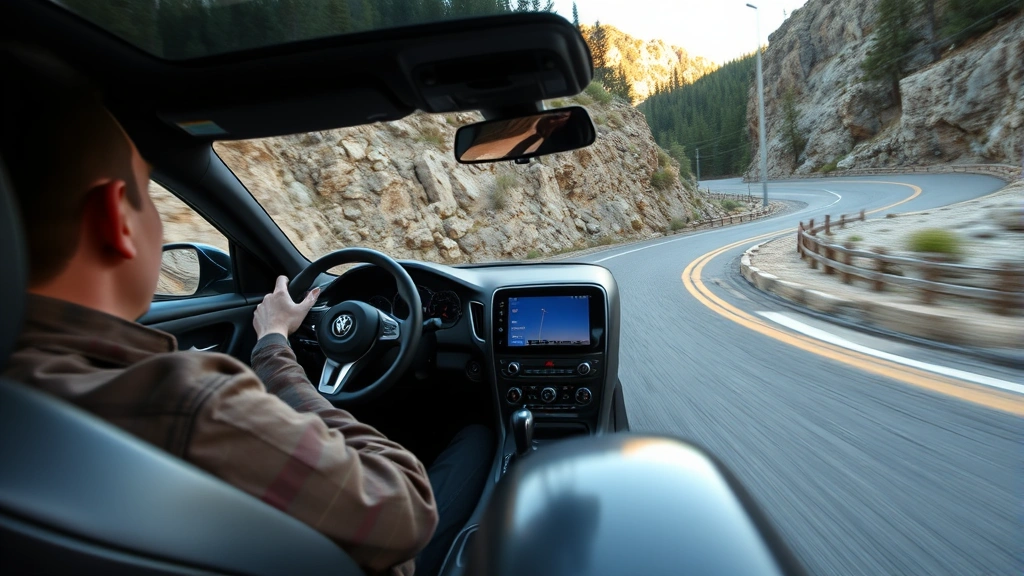Professional automotive test driver evaluating sleek sports sedan on winding mountain road, dynamic action shot with precision cornering visible
