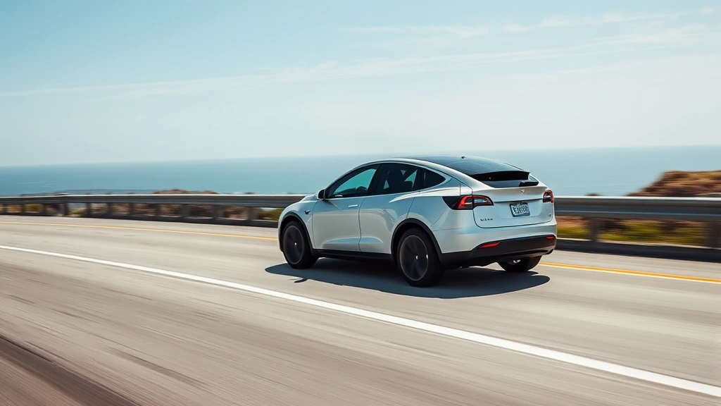 Tesla Model Y silver performance electric SUV driving on coastal highway with ocean backdrop, dynamic motion, professional automotive photography