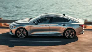 Sleek 2024 sedan in metallic silver driving on coastal highway with ocean background, dynamic angle emphasizing aerodynamic design and premium wheels