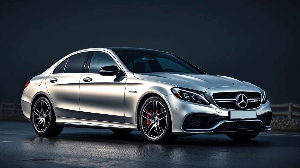 Sleek Mercedes-AMG C63 sedan in metallic silver, photographed from three-quarter front angle on wet asphalt road, dramatic lighting highlighting aerodynamic body lines and multi-spoke alloy wheels, professional automotive photography style