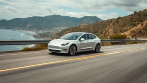 2024 Tesla Model 3 Performance silver sedan driving on coastal highway with mountains in background, dynamic motion shot