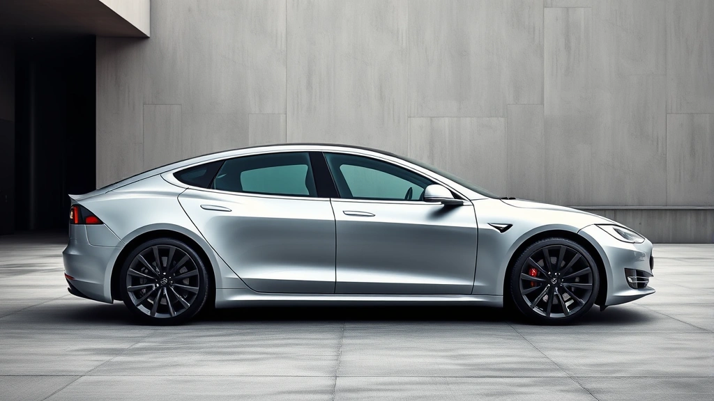 Sleek Tesla Model S Plaid silver sedan parked on modern concrete platform with minimalist architectural background, dramatic side profile showcasing aerodynamic design