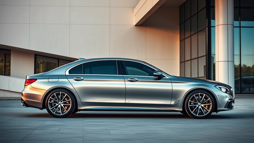 Luxury sedan parked in modern architectural setting, sleek metallic paint reflecting contemporary building, pristine condition, professional automotive photography style