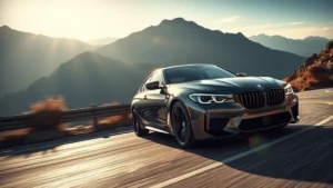 Professional automotive photographer capturing sleek performance sedan in dynamic driving motion on mountain road, dramatic lighting highlighting contours and aggressive stance