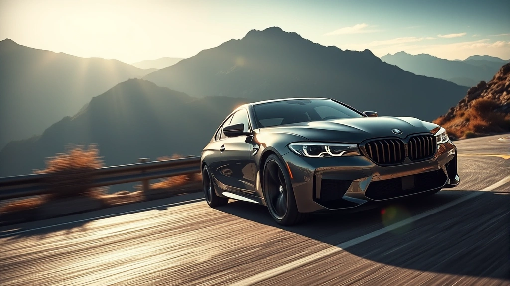 Professional automotive photographer capturing sleek performance sedan in dynamic driving motion on mountain road, dramatic lighting highlighting contours and aggressive stance