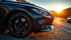 Premium luxury sedan in midnight blue photographed from three-quarter angle on winding mountain road, golden hour sunlight reflecting off polished hood, sharp focus on front wheel and brake system detail, professional automotive photography style