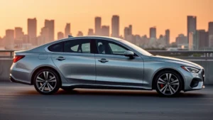 Premium sedan with sleek aerodynamic profile, metallic silver finish, modern alloy wheels, photographed against urban skyline at golden hour
