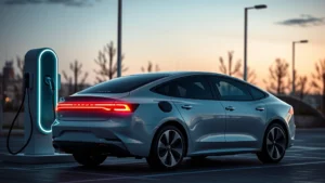 Sleek modern electric sedan charging at futuristic station, minimalist design, glowing charge port, evening lighting