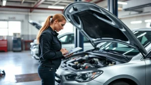 Professional automotive reviewer woman conducting detailed vehicle inspection in well-lit service garage with diagnostic equipment, examining engine compartment of silver sedan