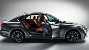 Sleek luxury sedan with premium leather interior visible through open door, modern aluminum alloy wheels, professional studio lighting highlighting elegant body lines and sophisticated design details