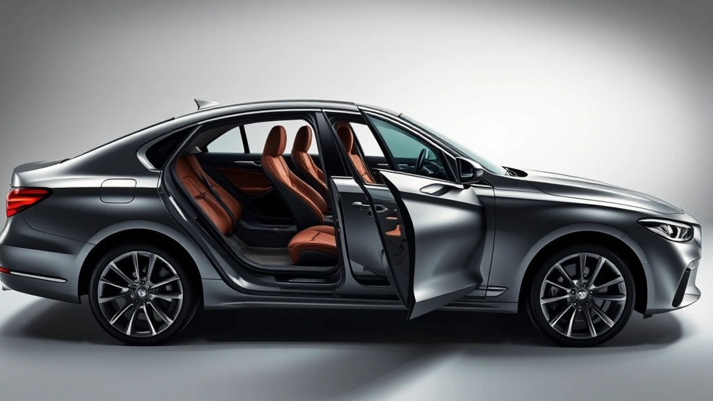Sleek luxury sedan with premium leather interior visible through open door, modern aluminum alloy wheels, professional studio lighting highlighting elegant body lines and sophisticated design details