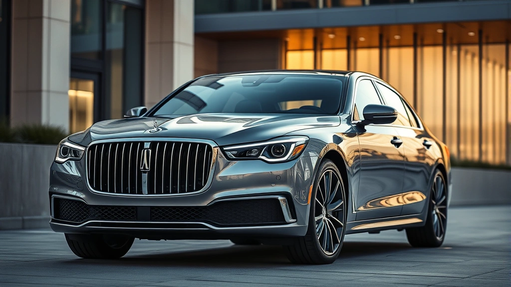 Luxury sedan with sleek chrome grille, premium headlights, and elegant body lines photographed against modern urban architecture