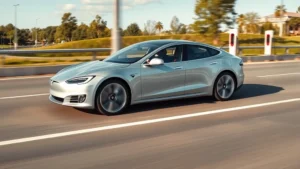Sleek Tesla Model S in metallic silver driving on modern highway with charging station visible in distance, professional automotive photography, daytime lighting, clean composition