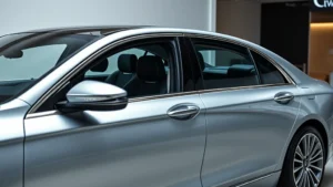 Sleek luxury sedan in silver metallic with premium interior visible through windows, modern minimalist design, professional automotive photography
