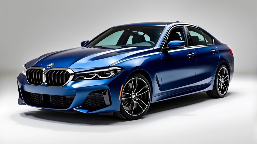 2024 BMW M440i xDrive sedan photographed from three-quarter angle showing aggressive front grille, sleek profile, premium alloy wheels, metallic blue finish with professional studio lighting