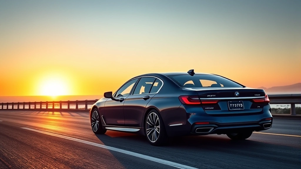 Sleek 2024 BMW 7 Series sedan, midnight blue metallic paint, photographed at sunset on coastal highway, modern luxury vehicle exterior detail, professional automotive photography