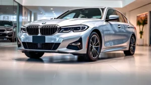 2024 BMW 3 Series sedan in metallic silver, three-quarter front view, modern dealership setting with soft lighting, professional product photography style, no text or badges visible