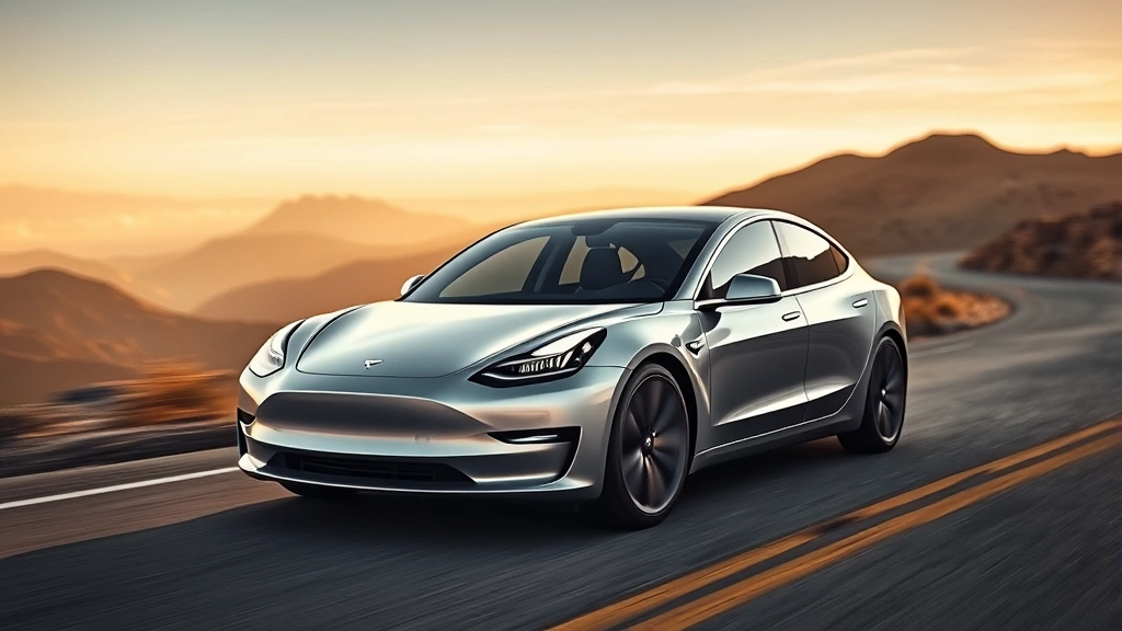 2024 Tesla Model 3 Performance sedan in silver, dynamic three-quarter front view on curved mountain road with dramatic lighting and blurred landscape background