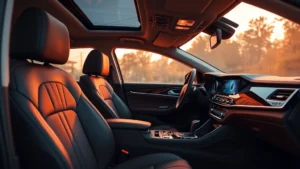 Premium luxury sedan interior with leather seating, ambient lighting, and modern dashboard technology in soft warm tones